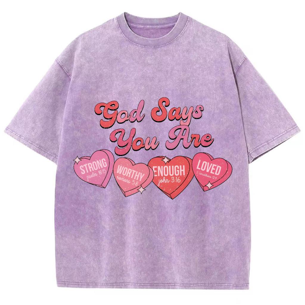 Four Pink Heart Letter Print Women's T-Shirt Washed Fabric Loose Plus Size Short Sleeve Student Sweet Cool Cute Top