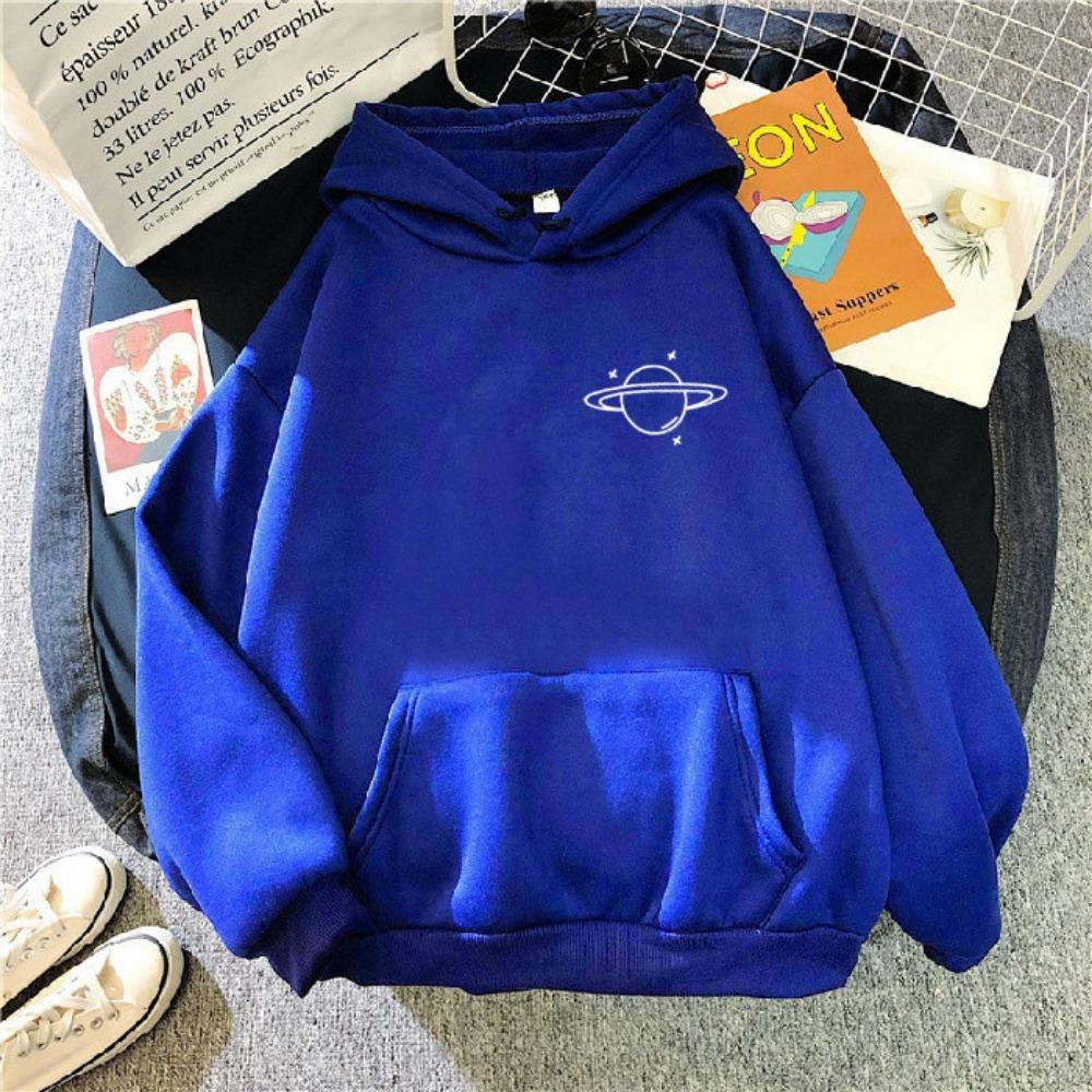 New Sweater Women's Autumn and Winter Korean Version Loose Lazy Wind Planet Printing Versatile Hooded Top Velvet Student Sweater