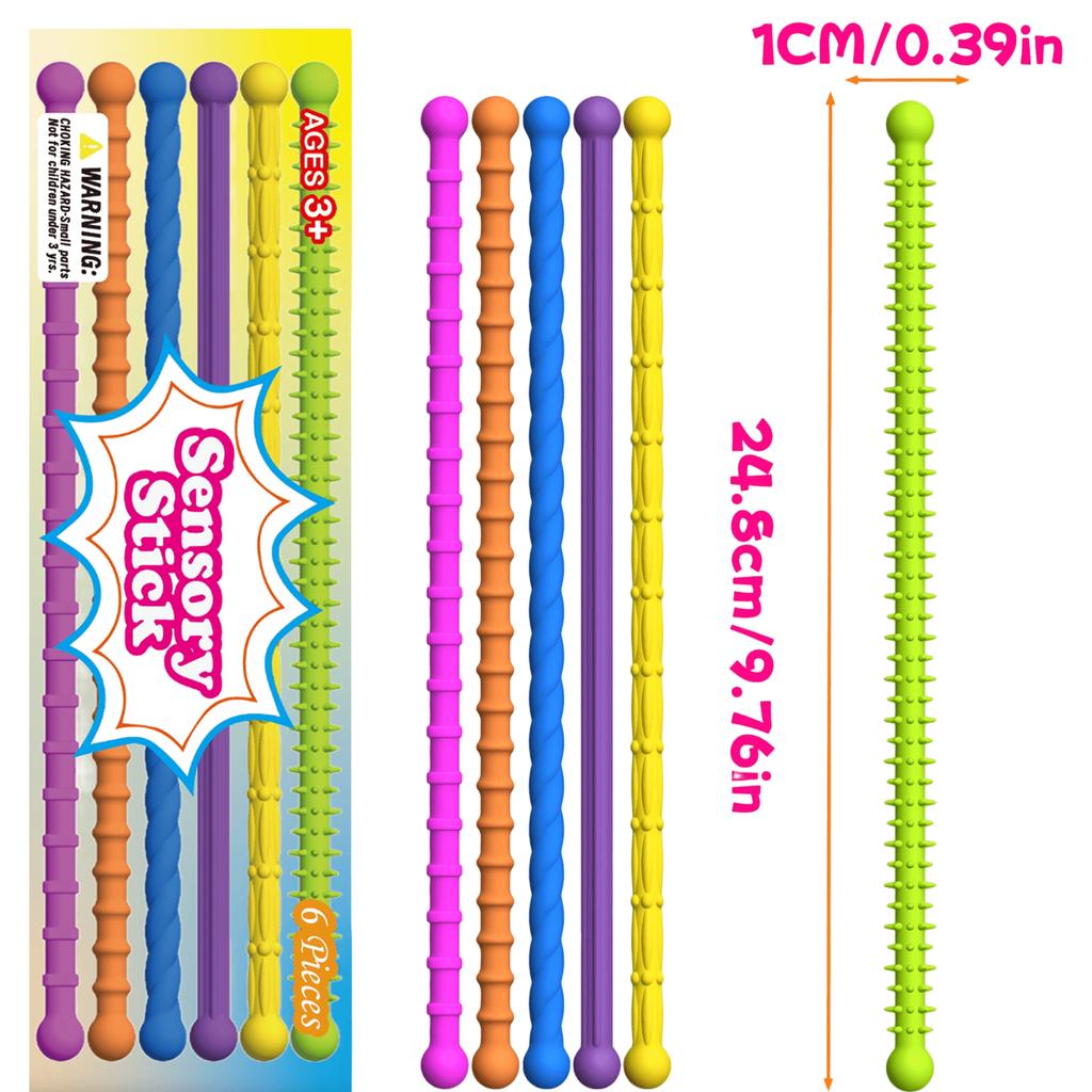 Textured Silicone Sensory Strings – 6-Pack Fidget Set, Bright Stretchy Noodles for Tactile & Sensory Play, Calming Focus
