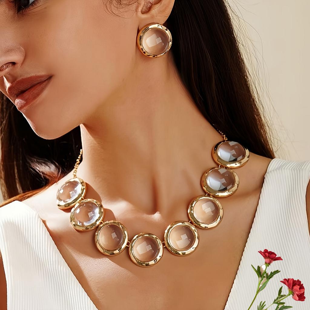 3-Piece Stylish and Simple Style Geometric Round Inlaid Transparent Faceted Acrylic Women's Necklace Stud Earrings Set