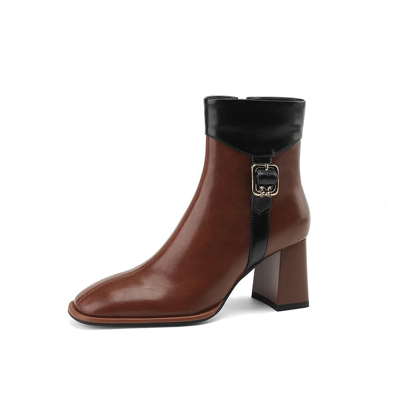 Fashion 2024 Autumn/Winter Women Boots Square Toe High Heel Shoes for Women Black Leather Boots Women Lace Up Handemade Shoes