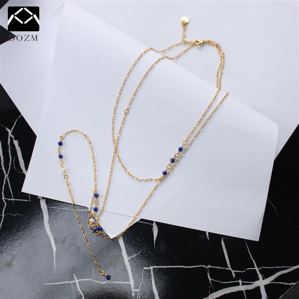 Blue Crystal Double Layer Necklace with Gold Plated Sweater Chain Trendy Unisex Party Occasion