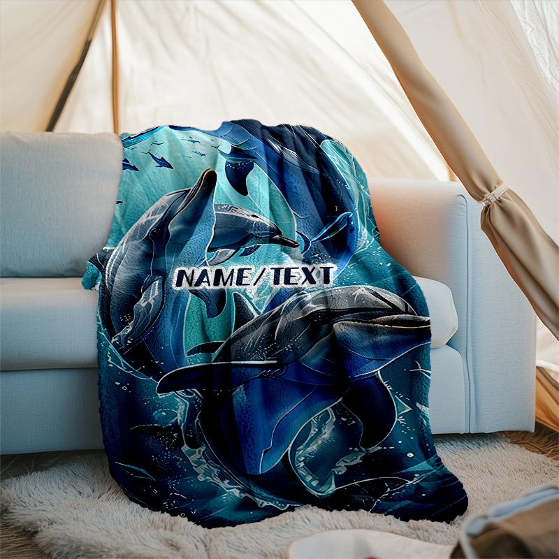 1PC Custom Name Ocean Dolphins Adventure Outdooor Flannel Blankets Throw Blanket All-Season Throw Gift Bedspread for Couch, Bed, Camping Holiday Birth