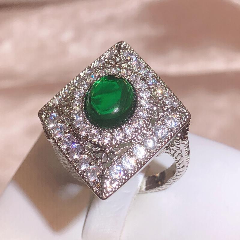 Nuevos anillos huecos con forma de rombo Retro para mujer, anillo de joyería de Color plateado y circonita verde, anillo de compromiso de boda clásico, joyería completa