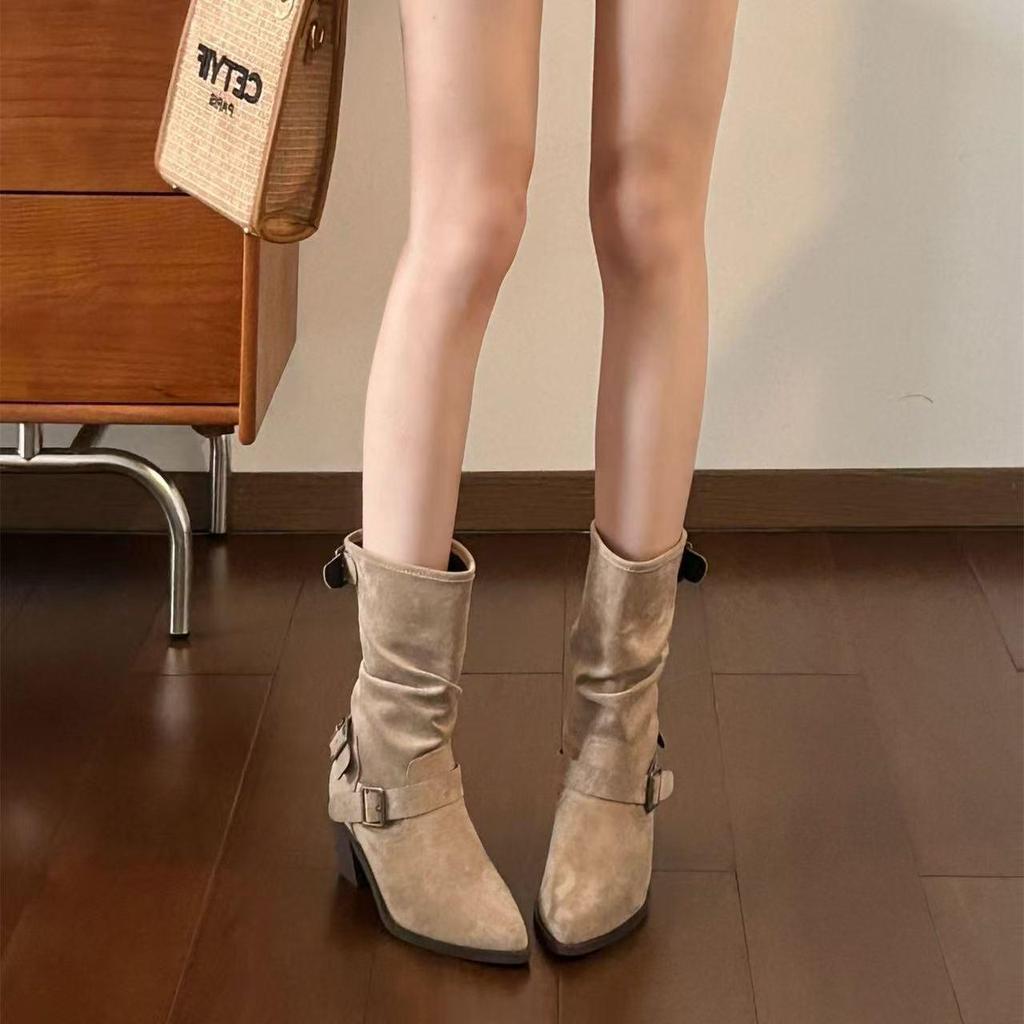 Autumn 2025 Women's Retro Celebrity Stacked Mid-Calf Chunky Heel Cowboy Boots