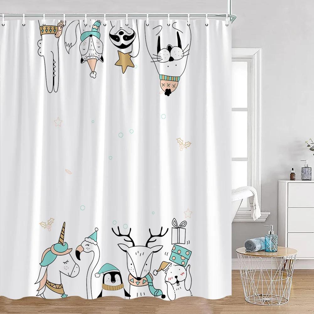 Cartoon Animals Kid Shower Curtains Hand-painted Simple Line Cute Cats Bathroom Decorations Kids Children Bath Curtains for Ho