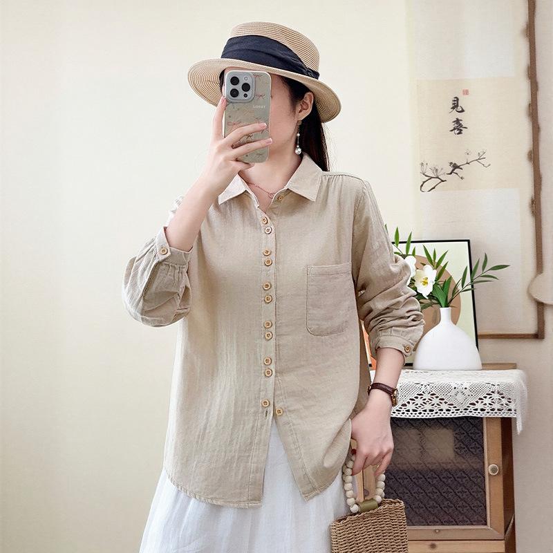 Simple Japanese casual style double-layer cotton yarn pure cotton long-sleeved shirt women's new loose and thin versatile commuter top