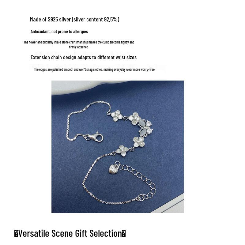 S925 Sterling Silver Flower & Butterfly Bracelet for Women, Personalized with Zircon, Simple & Versatile Design