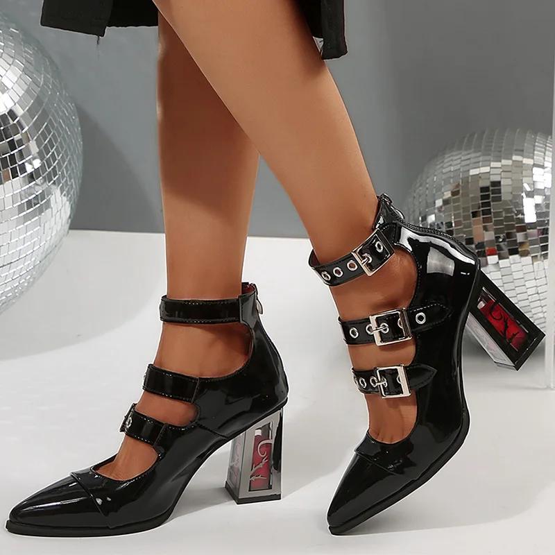 Metal Buckle Decor High Heels Pumps for Women Punk Patent Leather Pointed Toe Pumps Plus Size Strange Heeled Ankle Buckle Shoes