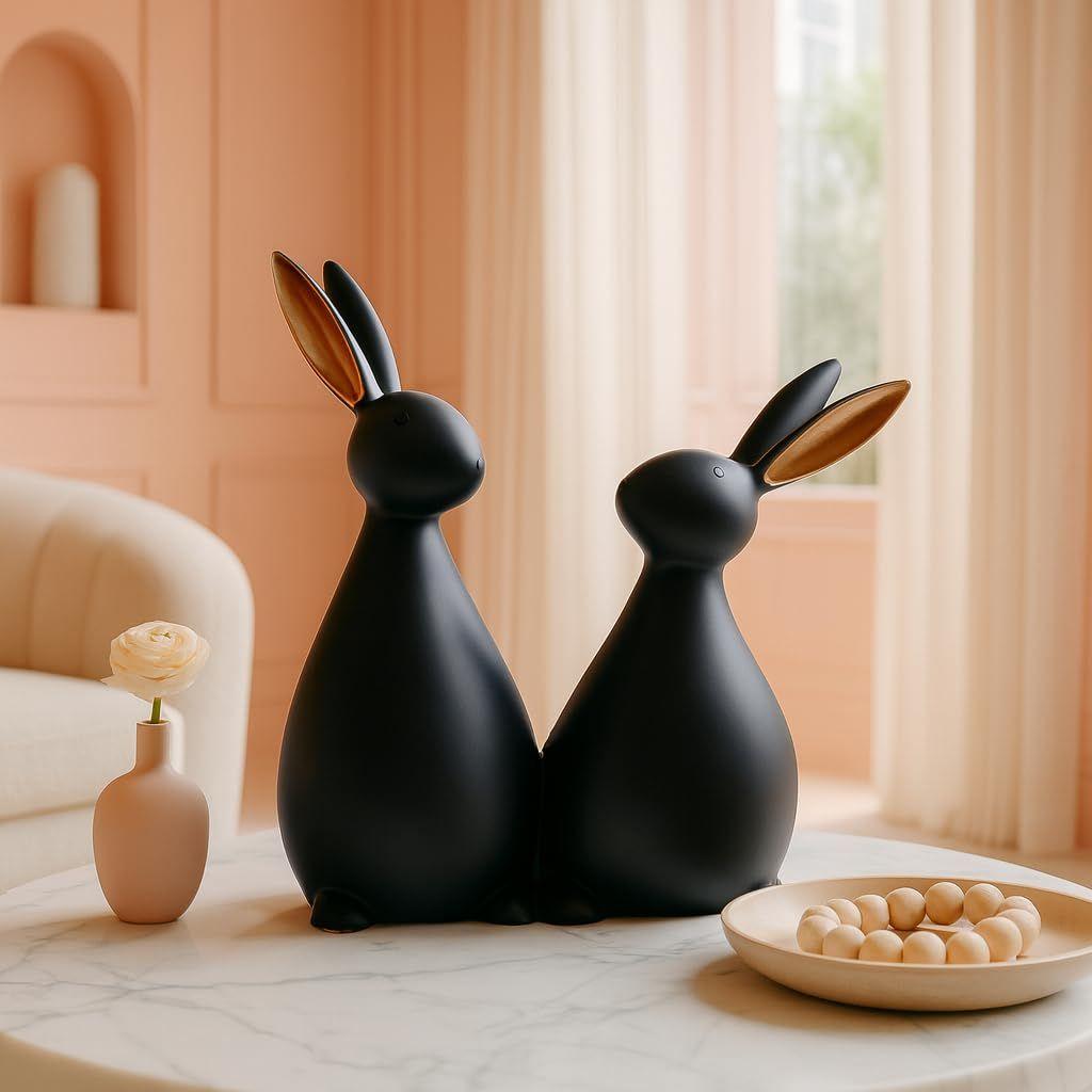 Resin Rabbit Figurines for Home Decor (Set of 2 pc, Black Color)