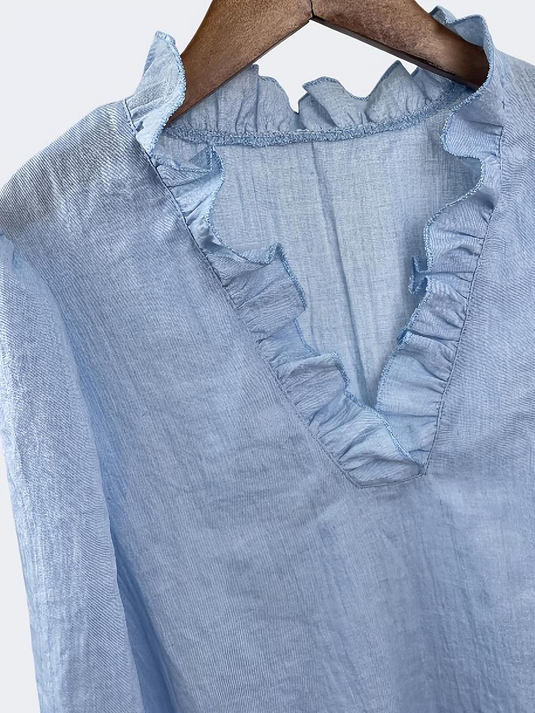 Elegant Retro V-Neck Lantern Sleeve Women's Blouse with Ruffle Details