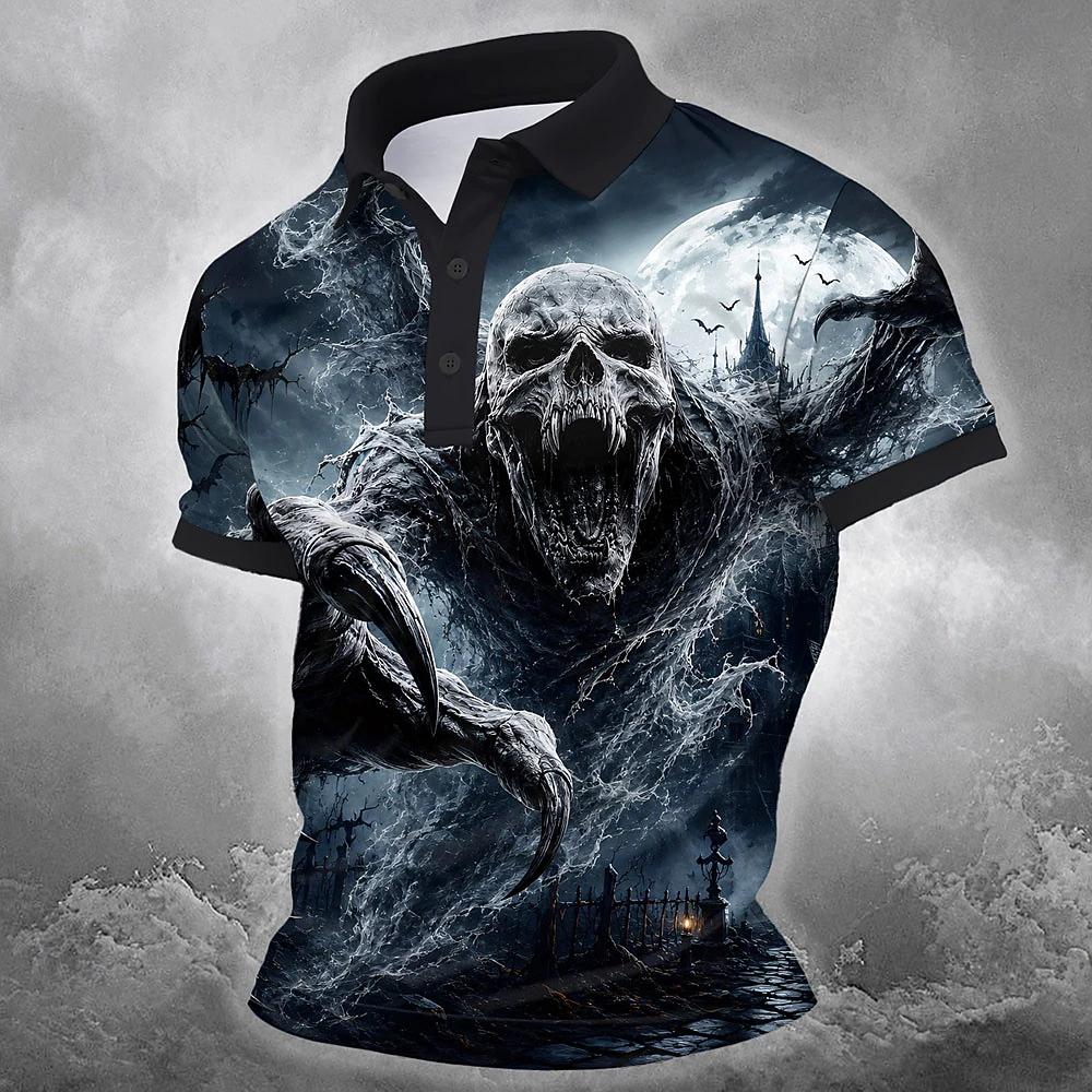 Men Halloween Skeleton 3D Printed Short‑Sleeve Collared Polo Shirt Buttons Casual Athleisure Spring Summer Daily Festival Outfit