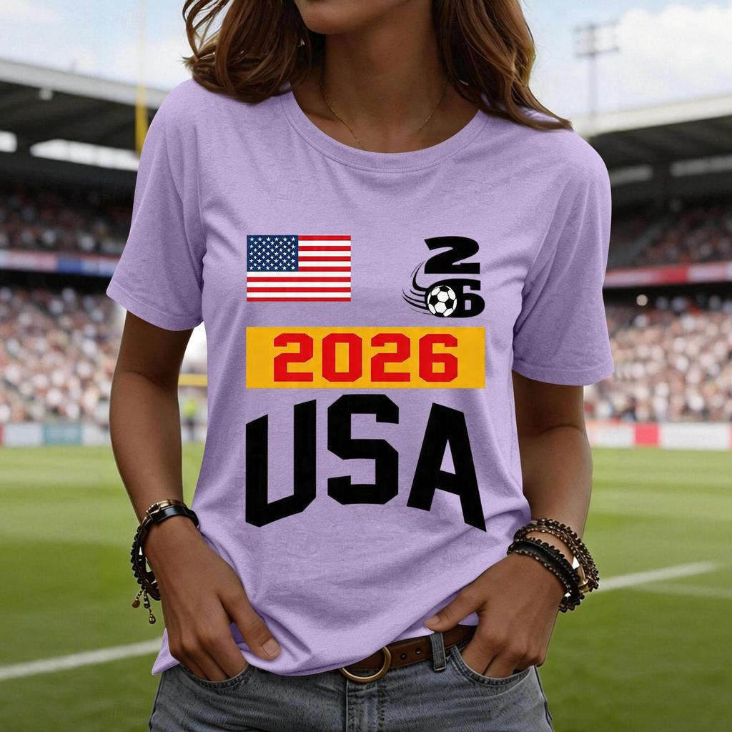 Women's Casual Short Sleeve T-Shirt Fashion Soccer World Cup Printed Crew Neck Top Lightweight Comfortable Fit USA 2026 Design
