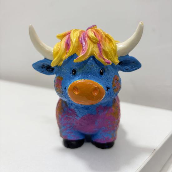 Yousheng Highland Cow Figurine Resin Multicolor Cow Miniature Ornament Hand-painted Highland Cattle Statue for Farmhouse Home Office Desktop Decor