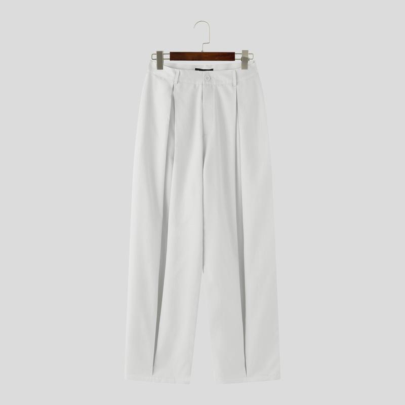 INCERUN Men Zipper Button Waist Solid Pleated Casual Long Pants Trousers