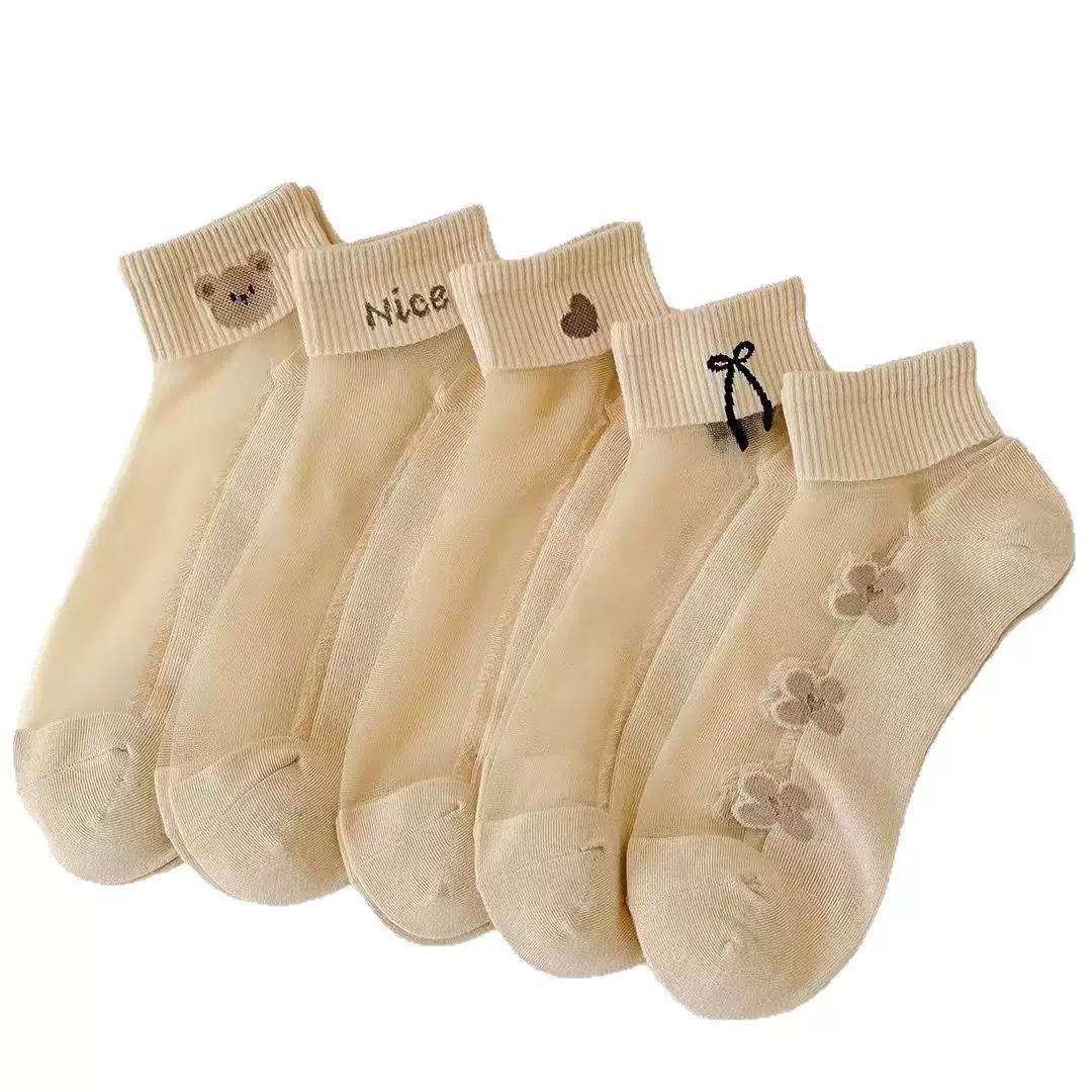 

Spring and Summer Ladies Socks Crystal Silk Short Tube Boat Socks Sweat-absorbent Breathable Bow Transparent Ladies Summer Stockings 5pcs