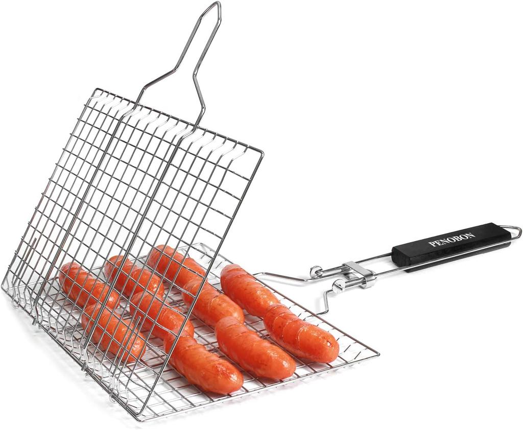 Fish Grilling Basket Folding Portable Stainless Steel BBQ Grill Basket for Fish Vegetables Shrimp with Removable Handle Come with Basting Brush