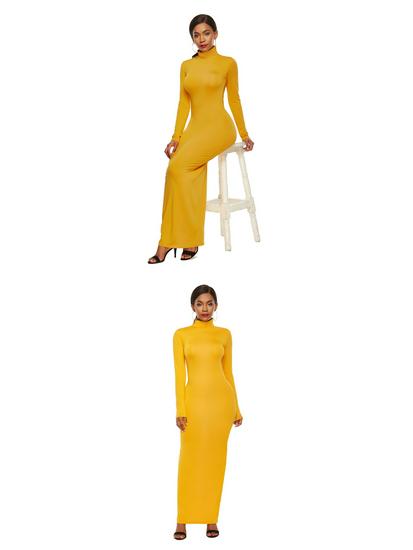 Elastic High-Neck Long-Sleeve Maxi Dress