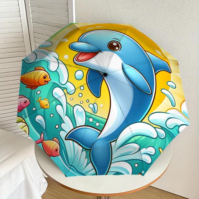 1PC Dolphin Ocean Automatic Open/Close Umbrella with Windproof, 8-Rib Sturdy Canopy, Durable Ribs, Fashionable Design, Outdoor Accessory, Fun Prin, Ho