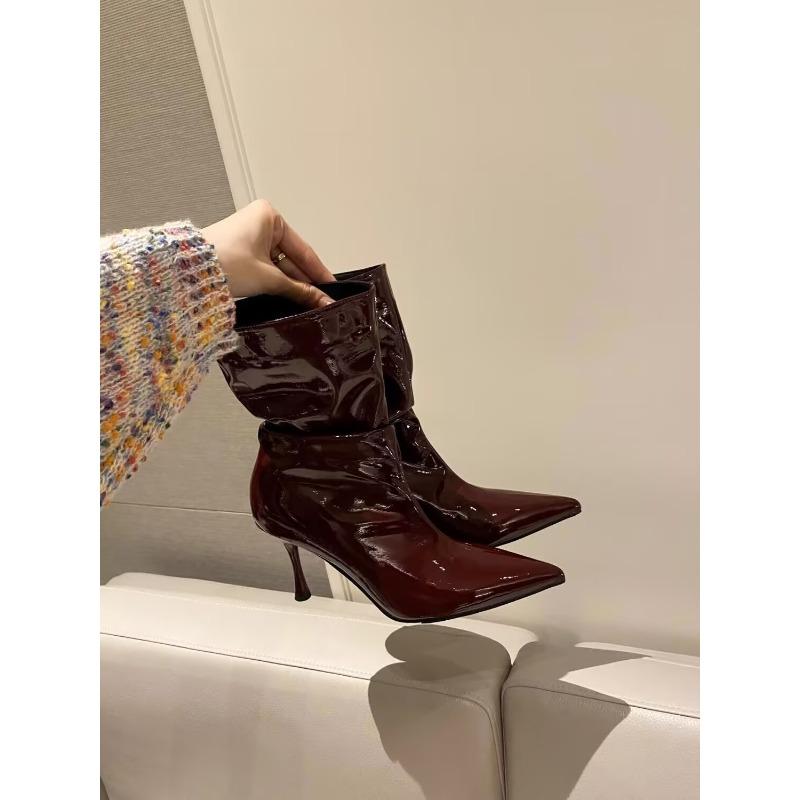 Fashion Pointed Toe Stiletto Heel Booties Women's Fall/Winter 2025 New Patent Leather Sleeve Fashion Boots