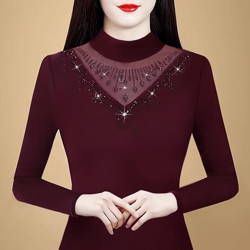 

Весенняя новая модель, облегающая базовая рубашка для женщин с полувысоким воротником и бархатным утолщенным сетчатым верхом 5XL