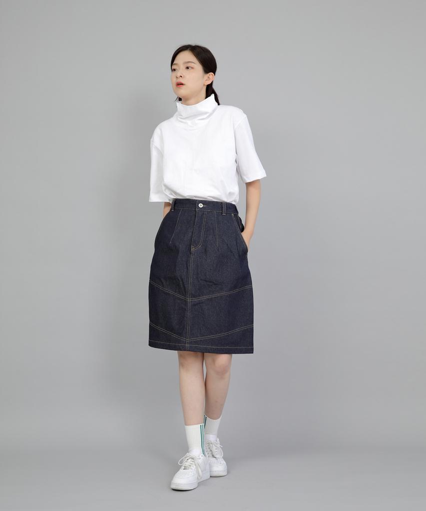 Seinteukeulu Wide Dome Half-Band Midi Skirt Wdm-1305 Indigo Denim Brs