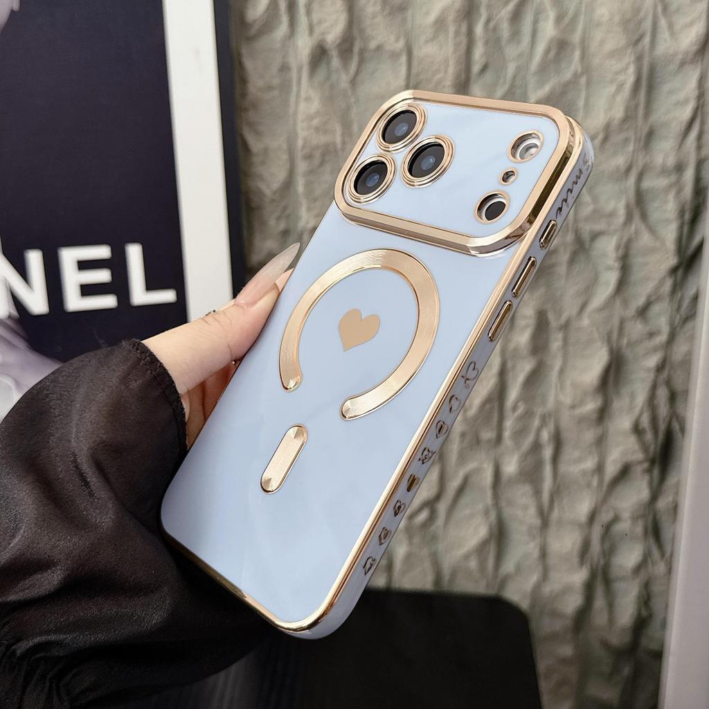 Solid Color Heart Magnetic Case for iPhone 17/16 Pro Max, Electroplated Soft Full Coverage.