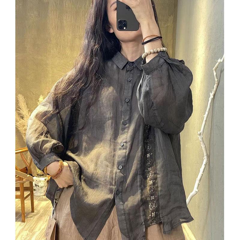 Printed Cotton and Linen Shirt Loose Elegant Casual Versatile Women Top