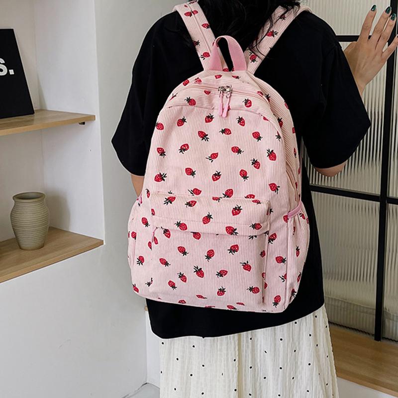 Cord Rucksack mit Erdbeermuster Lässiger Reiserucksack Große Kapazität Mode Teenager Tagesrucksack Verstellbarer Riemen für Outdoor-Reisen AVE