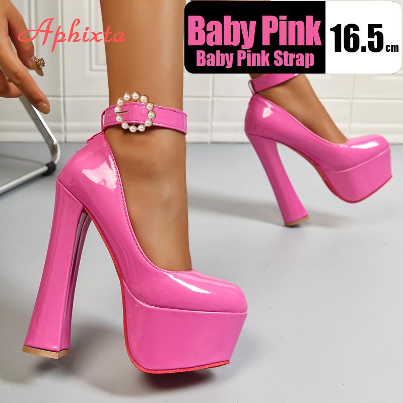 Fashion Aphixta Disco Dance 2cm Pearl Belt Buckle Round Pumps 5.5cm Platform Hot Sale Party 16cm High Chunky Heels Shoes Women