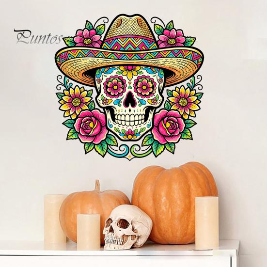 Durable Sunproof Window Stickers Flower Skull Wall Sticker, Day of The Dead Decorative Decals, Waterproof PVC Removable for Windows Glass Doors