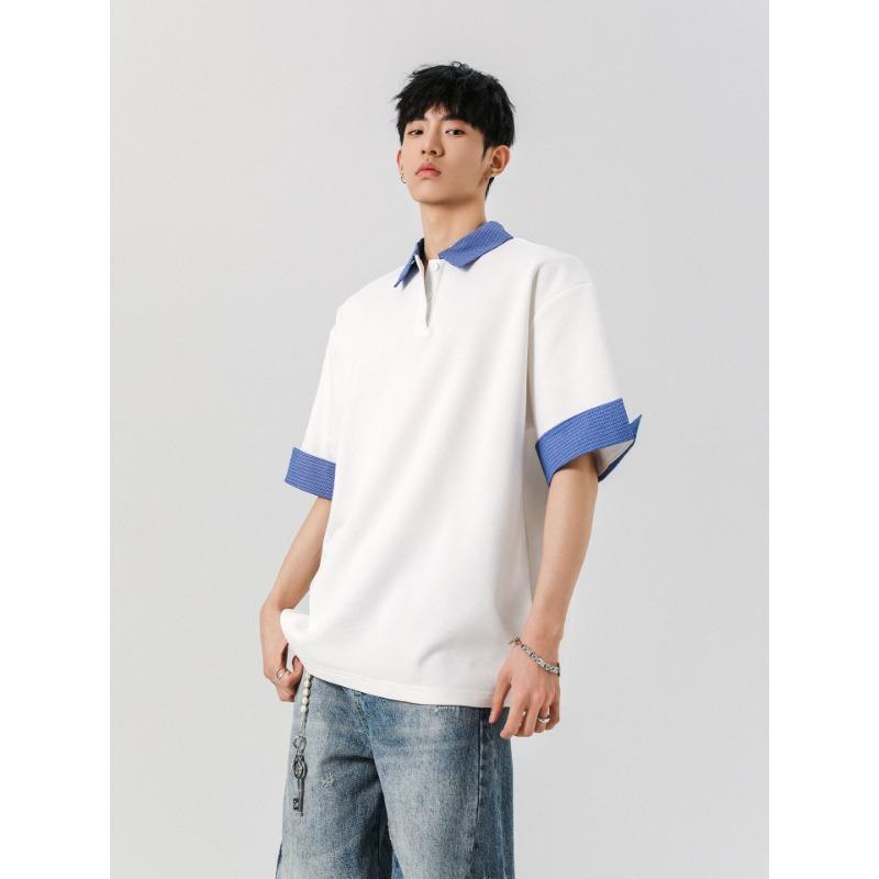 Men Loose Drop Shoulder Color Block Turn Down Collar Short Sleeve Polo T Shirt