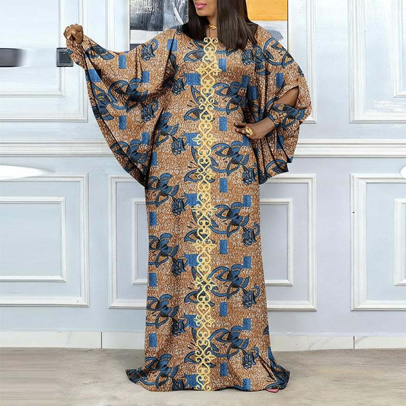 L-5XL Women O Neck Batwing Long Sleeve Floral Print Casual Loose Maxi Kaftan Dress