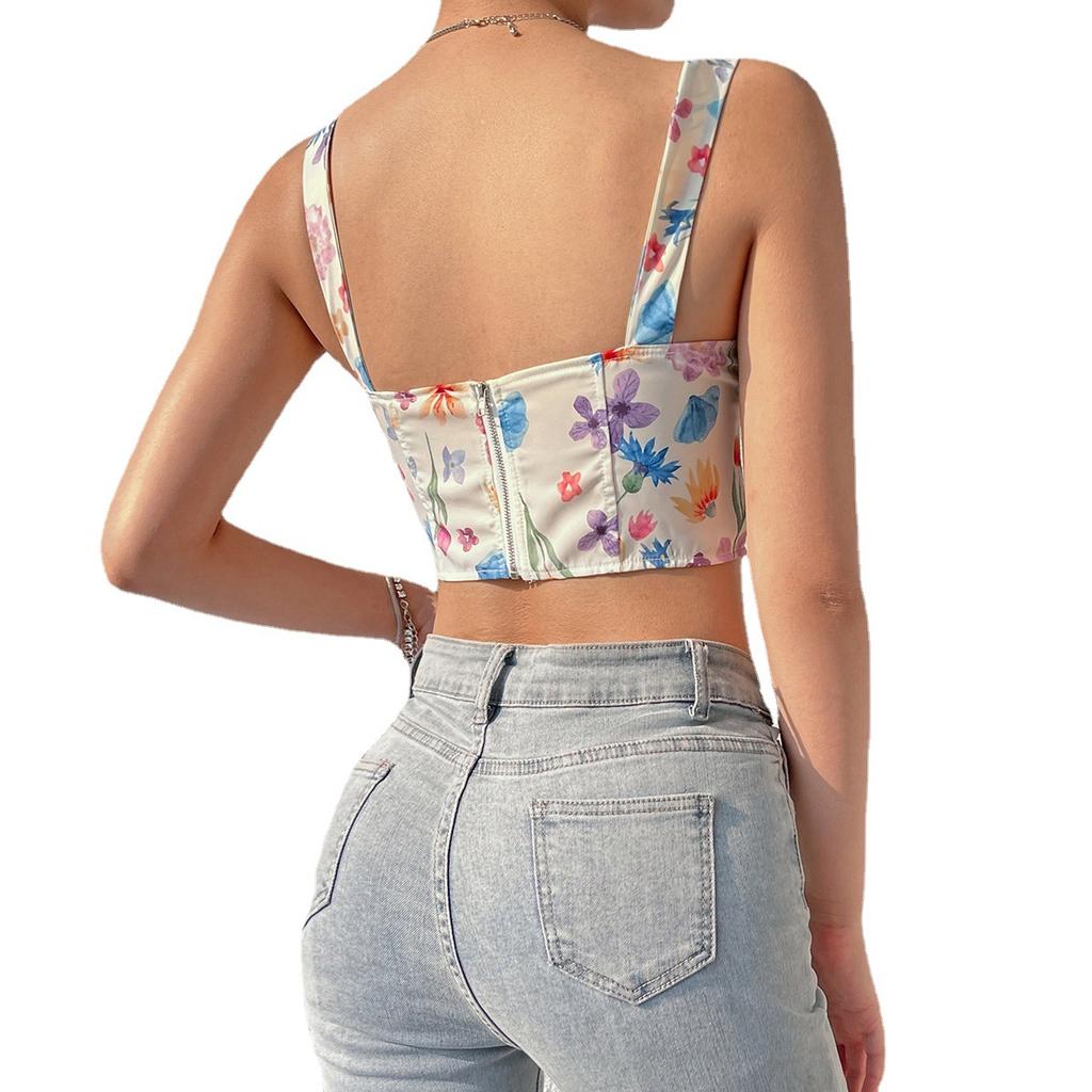 Women Floral Print Camisole Summer Fashion Streetwear Bohemian Bodycon Cropped Tops Retro Designer Irregular Tank Tops