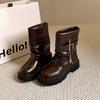 Wasteland boots feel belt buckle new wind pants tube short boots women's pile large size fashion pleated autumn and winter boots leather boots