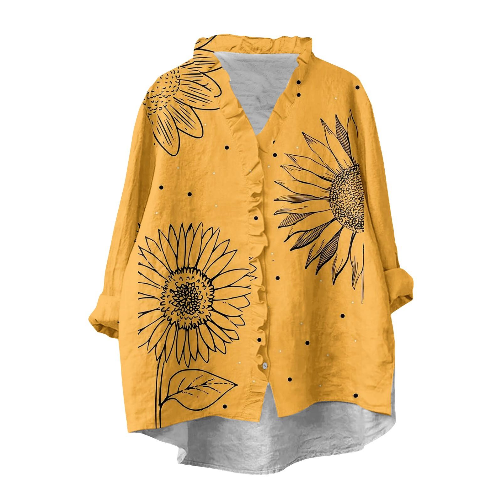 

Women s Loose Ruffled Floral Print Stand Collar Long Sleeve Cotton And Linen Top XL жёлтый