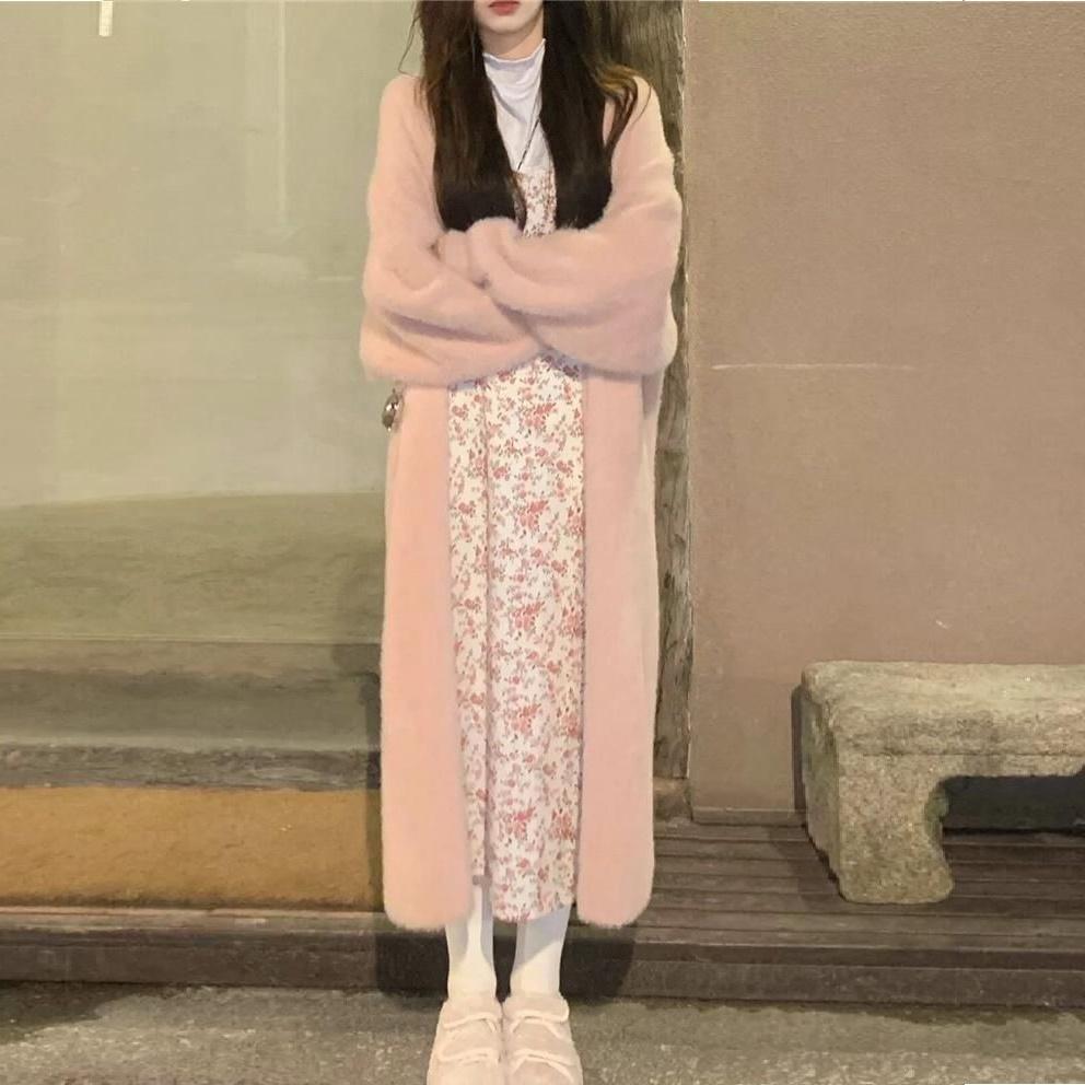 White Long Cardigan for Women Winter Clothes Knitted Fluffy Long Sleeve Cashmere Sweater Coat Clotkorean Style Warm Vintage