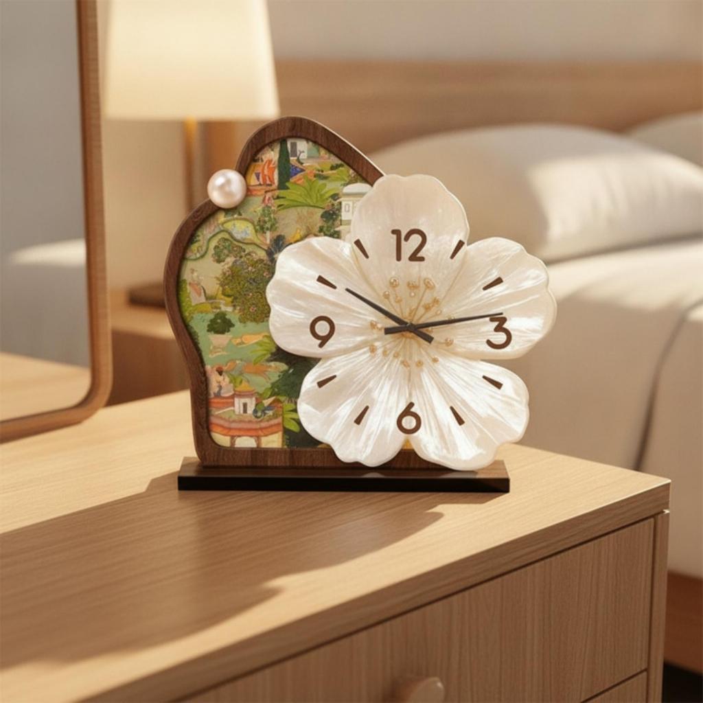 Relógio de Flores Silencioso Decorativo com Base Estilo Antigo para Escritório, Hall de Entrada