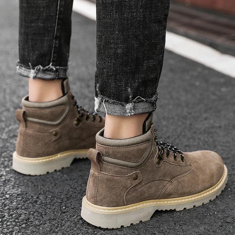 Férfi cipők 2024 Divat Fűzős Férfi Csizmák Téli Kerek Orrú Egyszínű Rövid Szárú Vastag Sarkú Nagy Méretű Kültéri Meztelen Csizmák