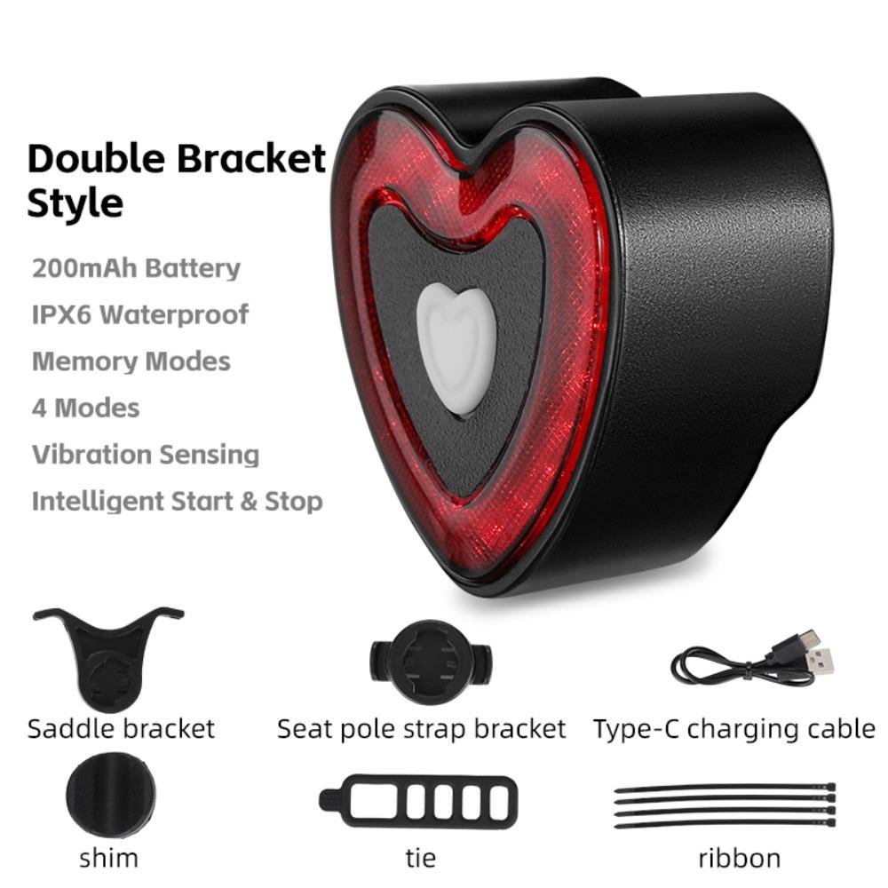 

Type-C Charging Smart Brake Sensing Bike Taillight 4 Lighting Modes IPX6 Waterproof Heart Shape Taillight Vibration Wake-Up