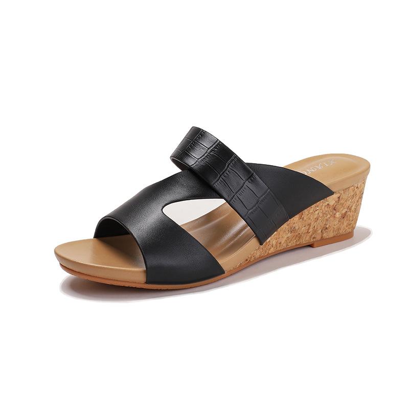 

Wedge heel slippers for women to wear thick-soled open-toed one-word slippers, versatile in summer, light, comfortable and cool slippers 36 чёрный