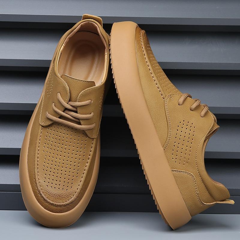 Summer Leather Breathable Men's Shoes New Versatile Trend Thick Sole Hollow Hole Casual Leather Shoes Men's Board Shoes