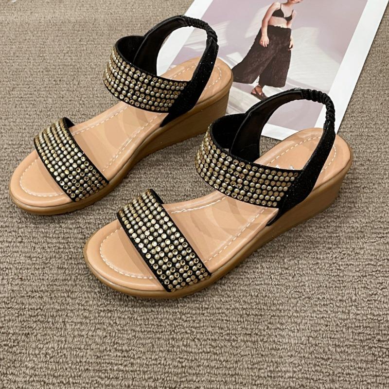 Summer Slope Heel Sandals Women New Round Head Glitter Set Foot Soft Sole Anti-slip Wear Heel Shoes