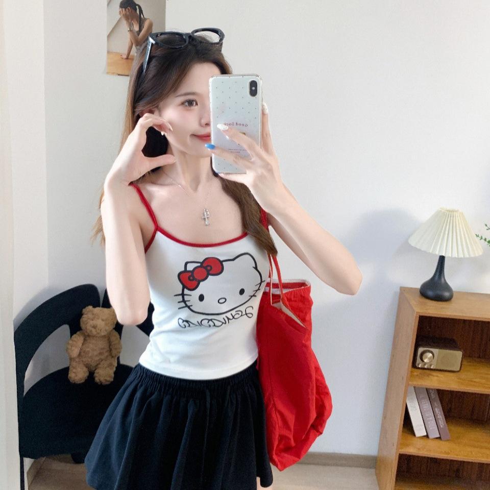 #Summer New Sweet Wind Cartoon Print Splicing Contrasting Color Sling Vest Slim Fixed with Chest Pad