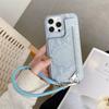 For iPhone 15 Pro Max Case Zipper Card Holder Mirror Snake Texture PU+PC Back Cover with Lanyard