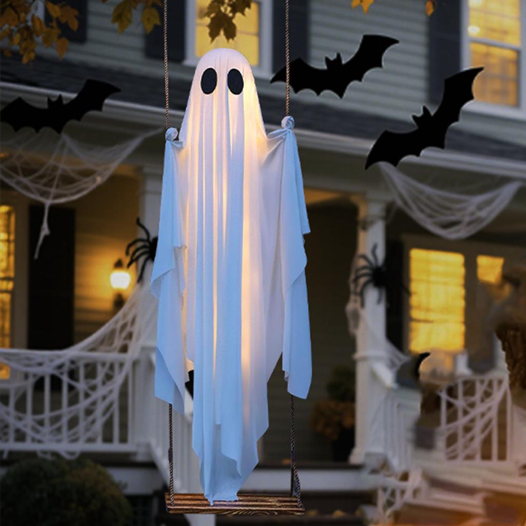 Halloween Hanging Swing Ghost Decor W/ String Lights Outdoor Halloween Decorations Ghosts Decorations for Porch/Yard/Trees