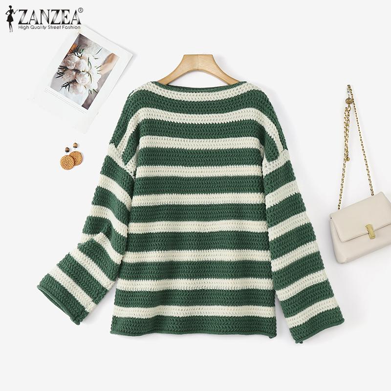 ZANZEA Women O-neck Long Sleeve Striped Knitted Pullover Sweaters Knitwear Jumpers