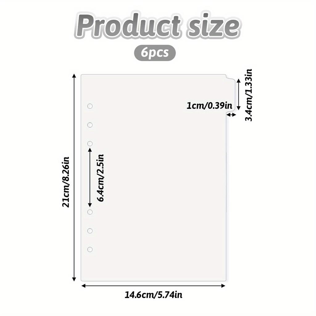 6pcs A5 Binder Dividers Planner Insets 6 Tabs Clear Acrylic Index Divider Refillable Page Protectors for 6 Ring Binder Notebook (A5)