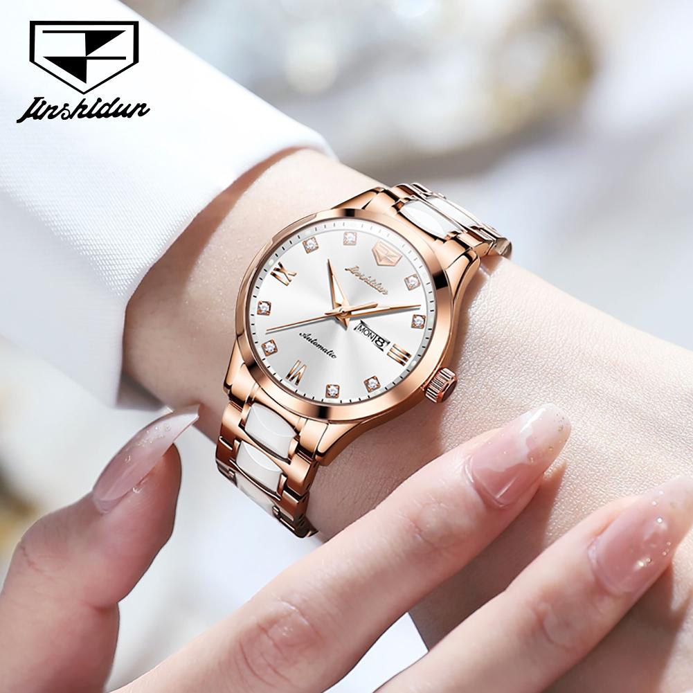JSDUN Women's Watches Luxury Elegant Ceramic Strap Original Automatic Mechanical Wristwatch Waterproof Luminous Date Week 8947