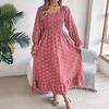 Autumn Winter Women Lace Up High Waist Long Sleeve Pleated Dress Solid Dot Temperament